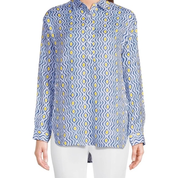 NWOT J. McLaughlin Fallon Tunic Blouse Blue Costa Key Print 100% Linen - Size XS - Picture 1 of 8